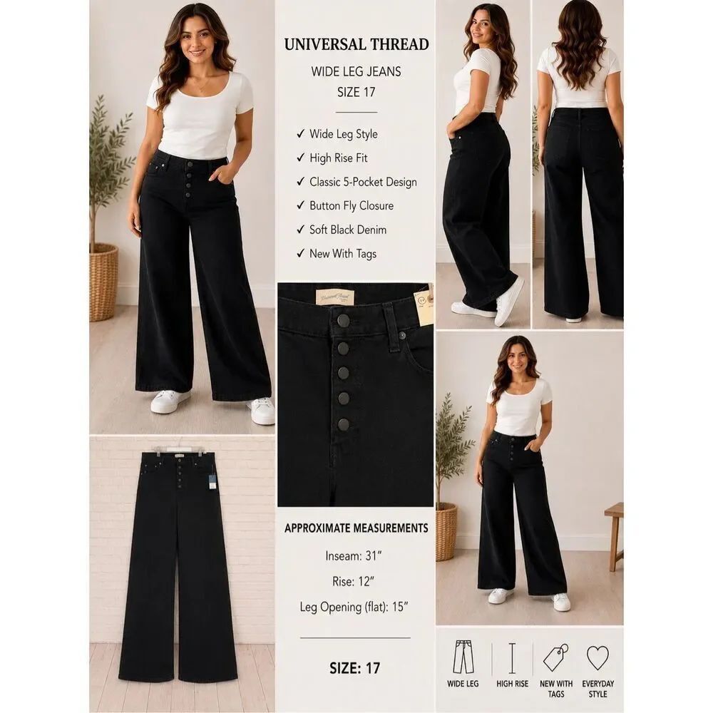 Universal Thread Wide Leg Jeans Size 17 Black High Rise Wide Opening NWT